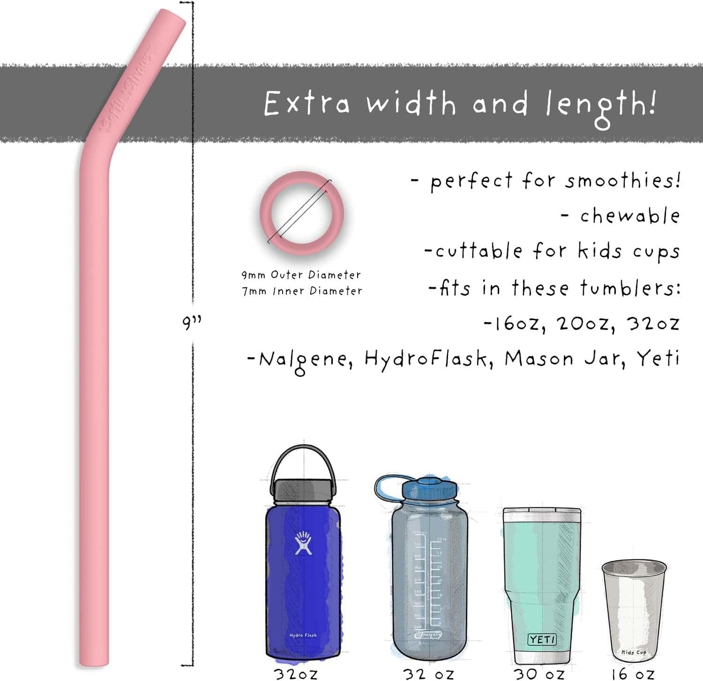 Reusable Silicone Drinking Straws - Big Size with Curved Bend for Tumblers Made from BPA Free No-Rubber Silicon - Flexible, Collapsible, Chewy, Bendy, Safe for Kids/Toddlers