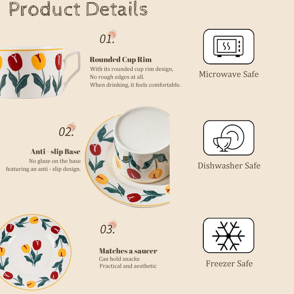 Ceramic Coffee Cup with Saucer, 8.5oz Floral Porcelain Tea Cup with Premium Gold Spoon and Gift Box, Dishwasher and Microwave Safe, Cup Mug for Coffee Cappuccino Espresso Latte