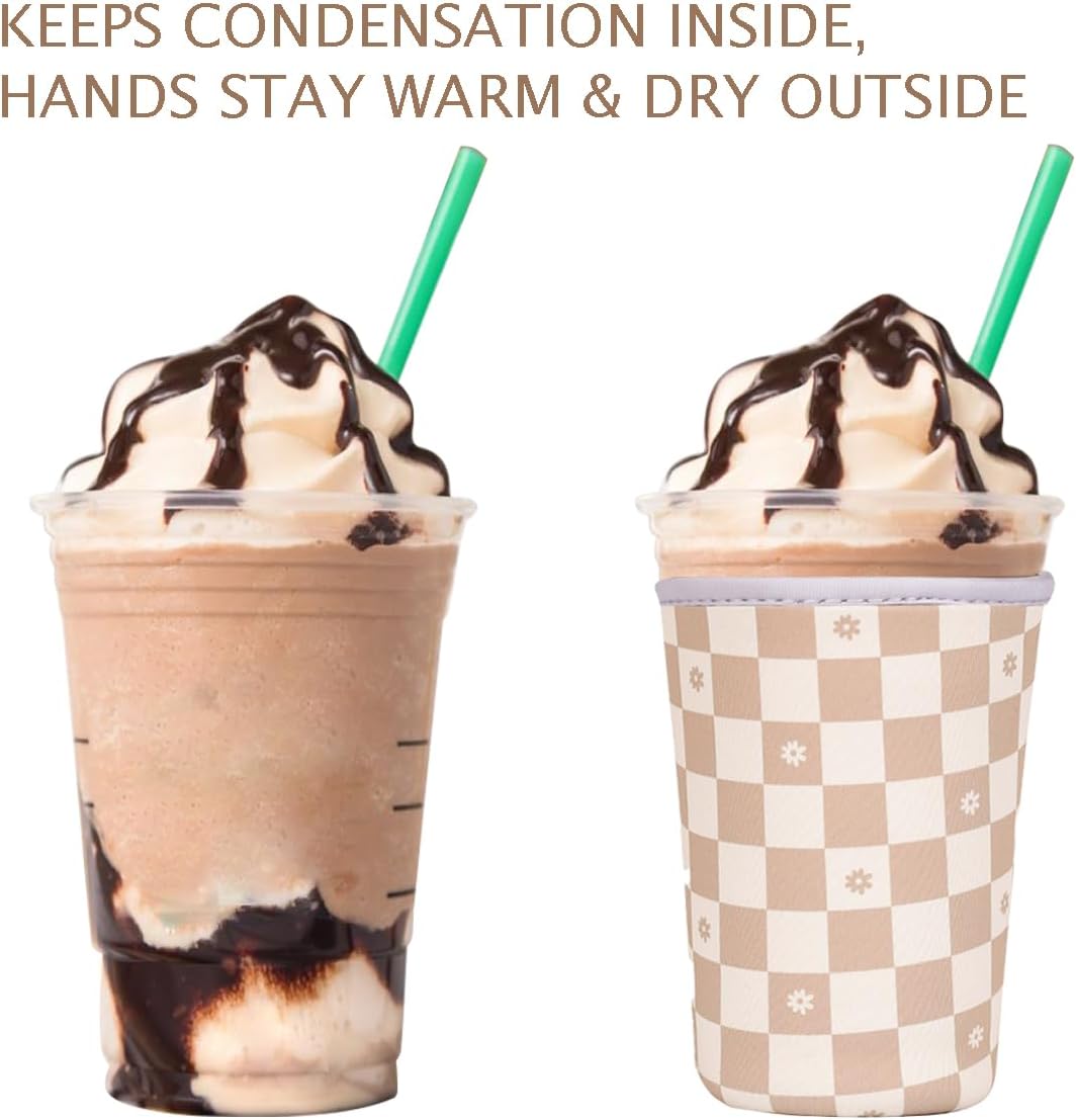 Reusable Insulated Neoprene Iced Coffee Cup Sleeve, Durable Drink Sleeve for Cold Beverages, Beverage Holder for Iced Coffee, Floral Checkers