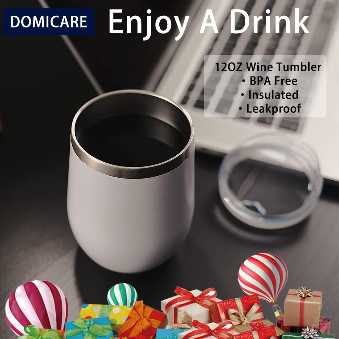 DOMICARE Stainless Steel Wine Tumbler Bulk with Lid, Personalized White Insulated Tumblers Set, 12oz Travel Coffee Cups Pack of 12