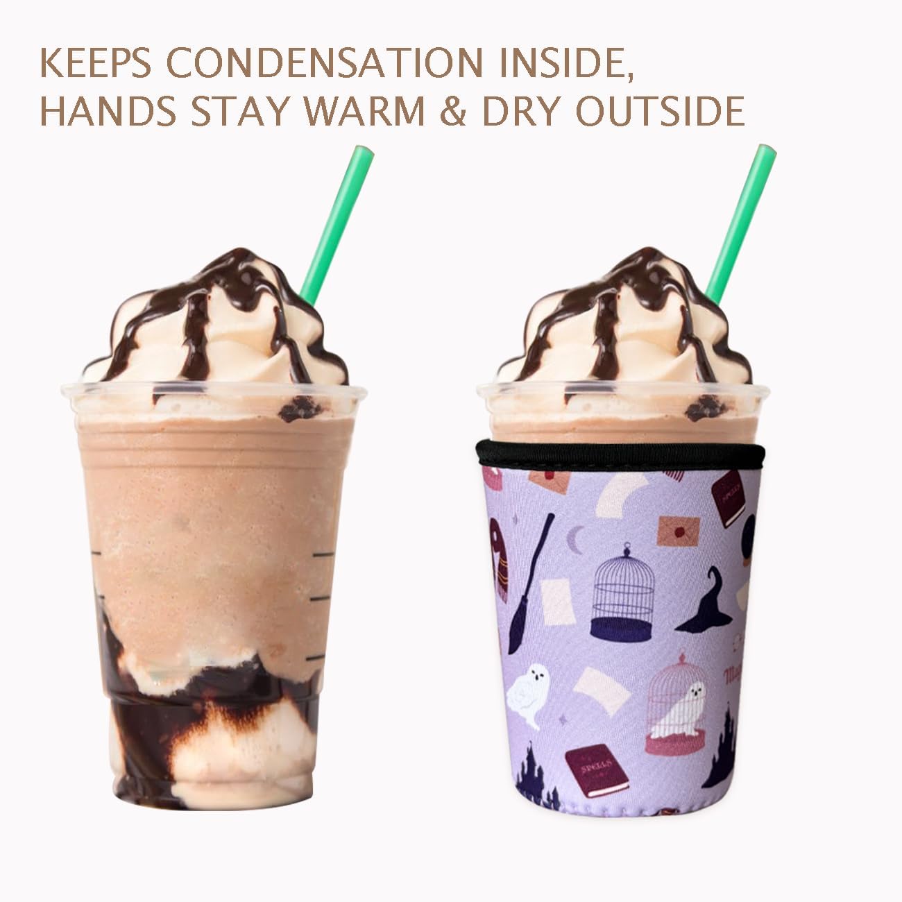 Reusable Insulated Neoprene Iced Coffee Cup Sleeve, Durable Drink Sleeve for Cold Beverages, Beverage Holder for Iced Coffee, Magic Sip