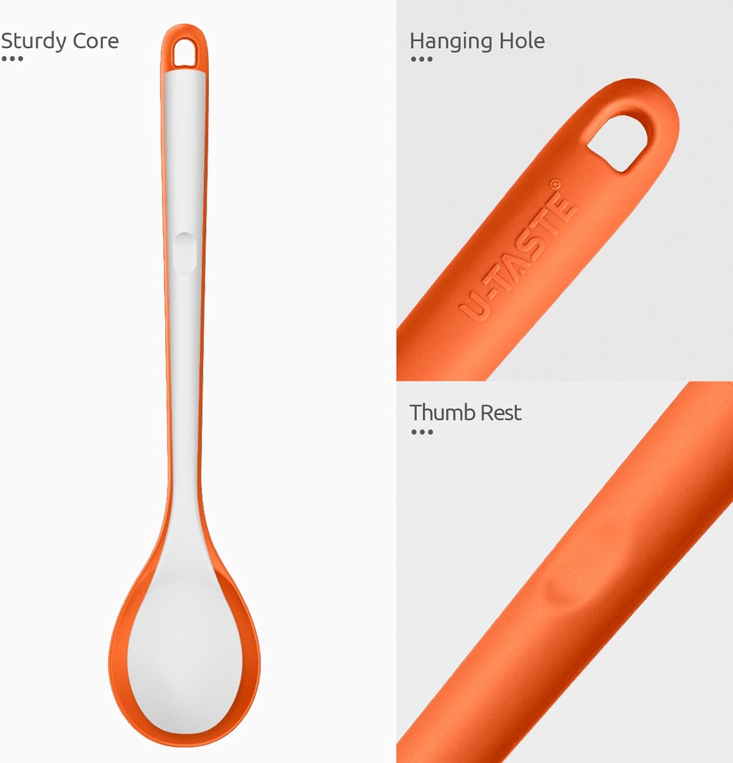 600ºF Heat Resistant Silicone Spoon: U-Taste 13.3in Solid Kitchen Cooking Spoon, Nonstick Food Grade Large & Long Soup Rubber Utensil for Mixing, Serving, Stirring, Basting, for Pot Cookware (Orange)