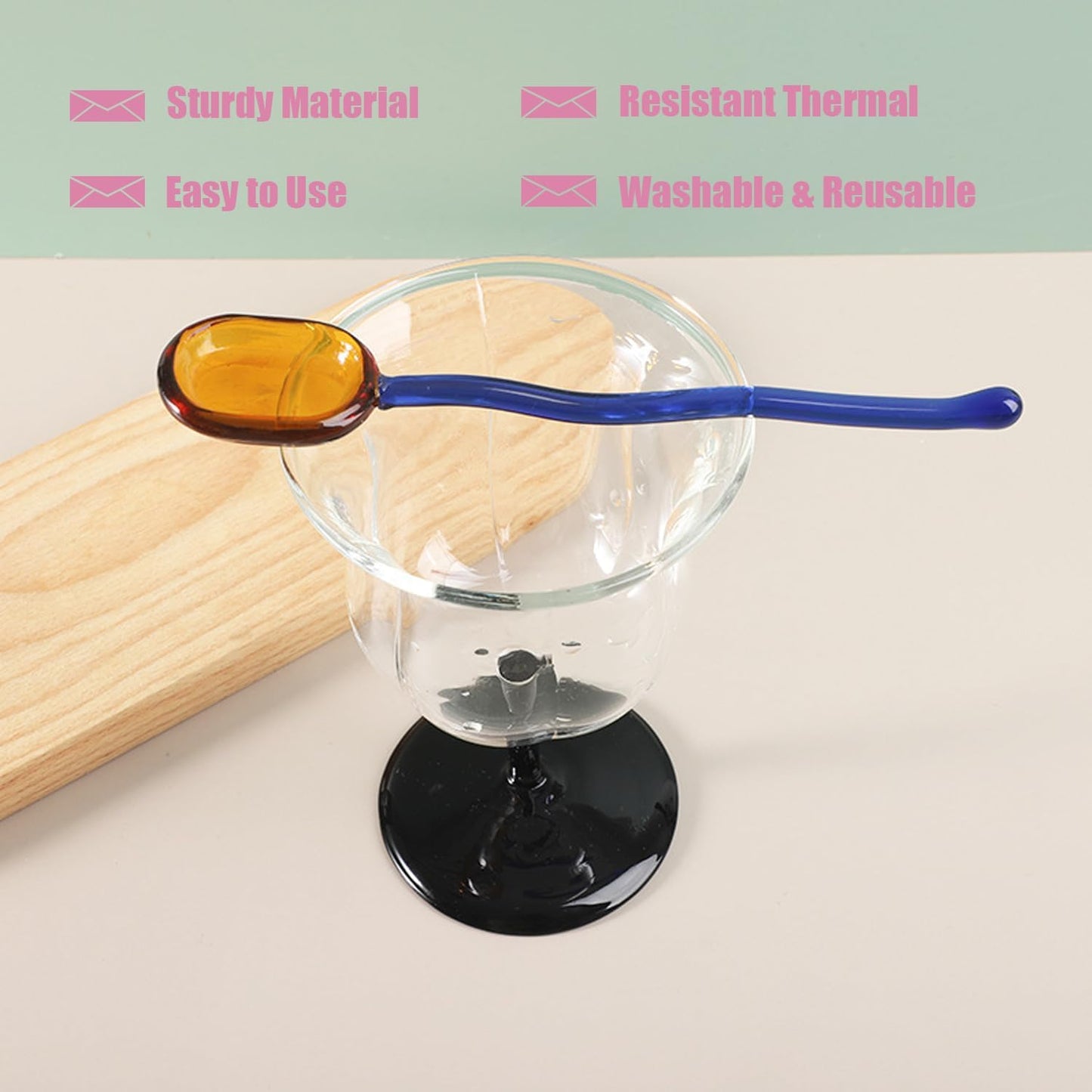 5 Pieces Glass Spoons, Creative Colored Transparent Coffee Milk Glass Dessert Stirring Spoon Curved Handle Tools for Tea Sugar Home Bar Party (Square)