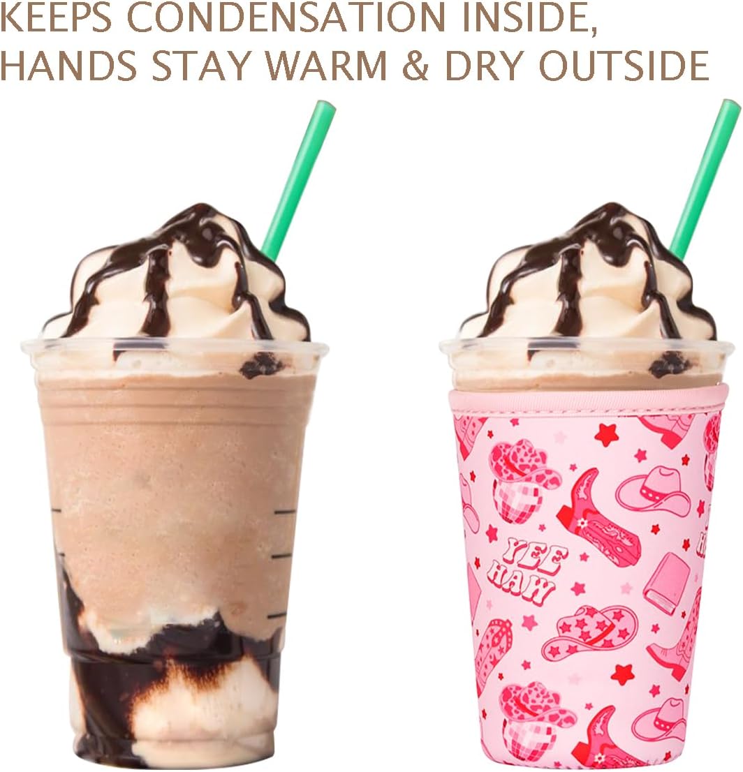 Reusable Insulated Neoprene Iced Coffee Cup Sleeve, Durable Drink Sleeve for Cold Beverages, Beverage Holder for Iced Coffee, Pink Cowgirl