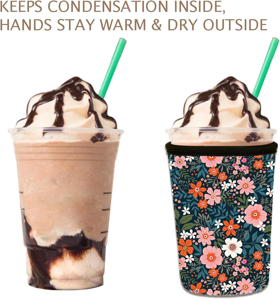 Reusable 3-Pack Iced Coffee Cup Sleeve, Insulated Neoprene, Beverage Holder for Iced Coffee, Durable Drink Sleeve for Cold Beverages, Bloom Garden