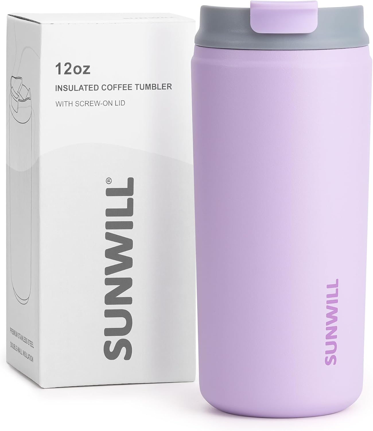 SUNWILL Travel Coffee Tumbler, Insulated Mug with Lid, Leak Proof Stainless Steel Cup 12 oz for Water, Tea, Ice, Powder Coated Lavender