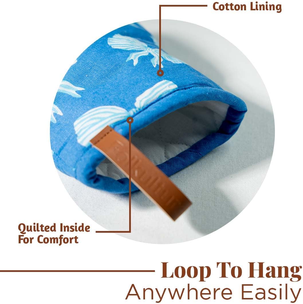 Folkulture Mini Oven Mitts Heat Resistant | (5.75 x 9) Set of 2 Short Blue Oven Mitts with Hanging Loop | 100% Cotton Oven Gloves or Bow Kitchen Mittens | Small Silicone Oven Mits or Baking Accesories