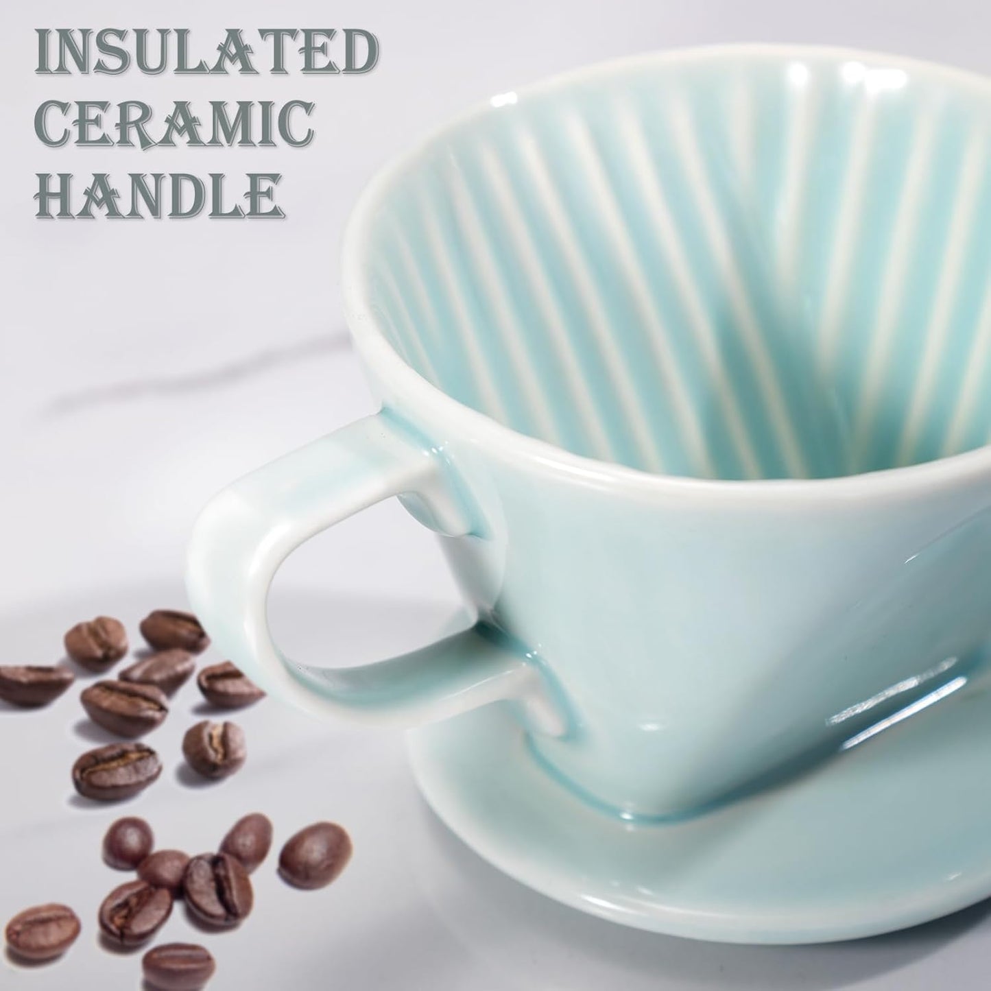 Pour Over Coffee Dripper, Ceramic Pour Over Coffee Maker with 3 Holes Flat Bottom, Easy Manual Brew Maker, Porcelain Slow Filter Cone for Travel, Camping, Office, Home, GR