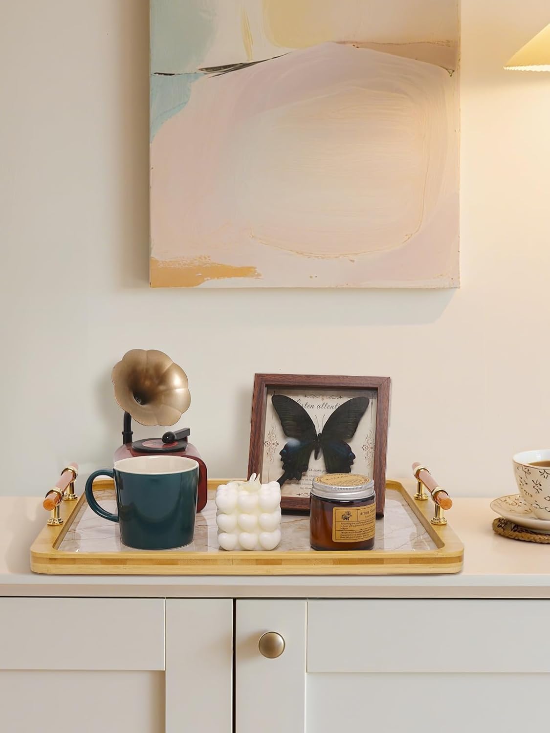 JUPELI 16" x 12" Bamboo Serving Tray with Handles – Marble Pattern Decorative Rectangle Tray for Coffee Table, Kitchen, Vanity, Bathroom, or Ottoman – Perfect for Bread Food Fruit Display & Storage