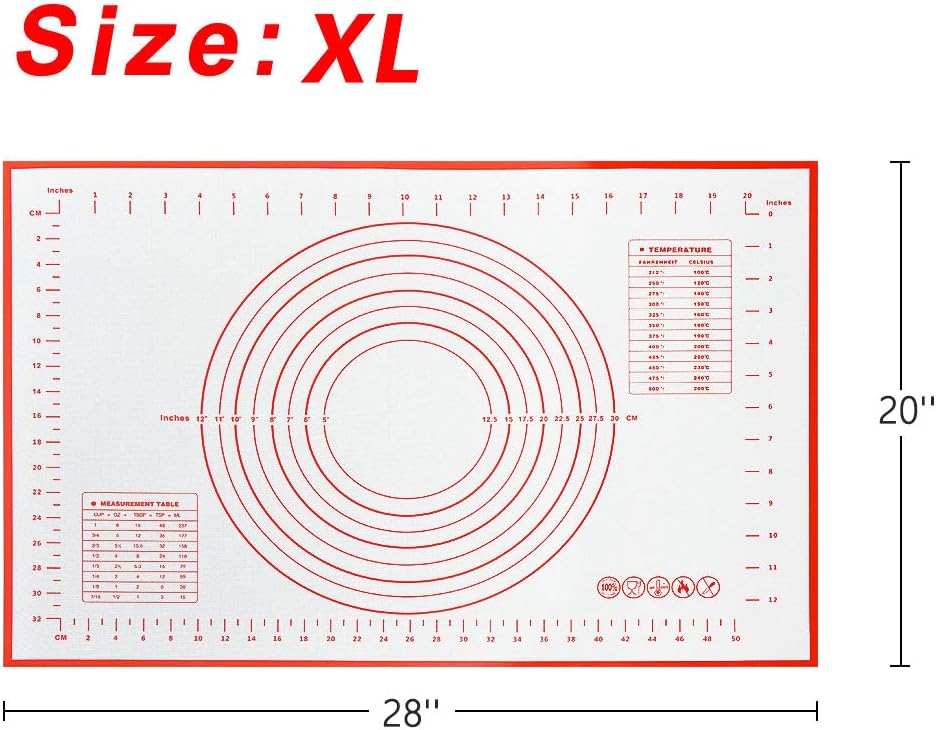 Silicone Pastry Mat for Rolling Dough Non Slip Extra Large 20''×28'',Silicone Baking Mat Nonstick,Non Stick Dough Kneading Cutting Mat with Measurement for Fondant Pie Bread Cookie (Red-XL)