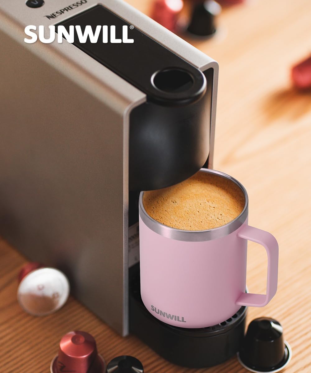 SUNWILL Insulated Coffee Mug with Lid, Travel Tumbler Reusable, 14 oz Stainless Steel Cup for Camping, Office, Home, Powder Coated Sakura
