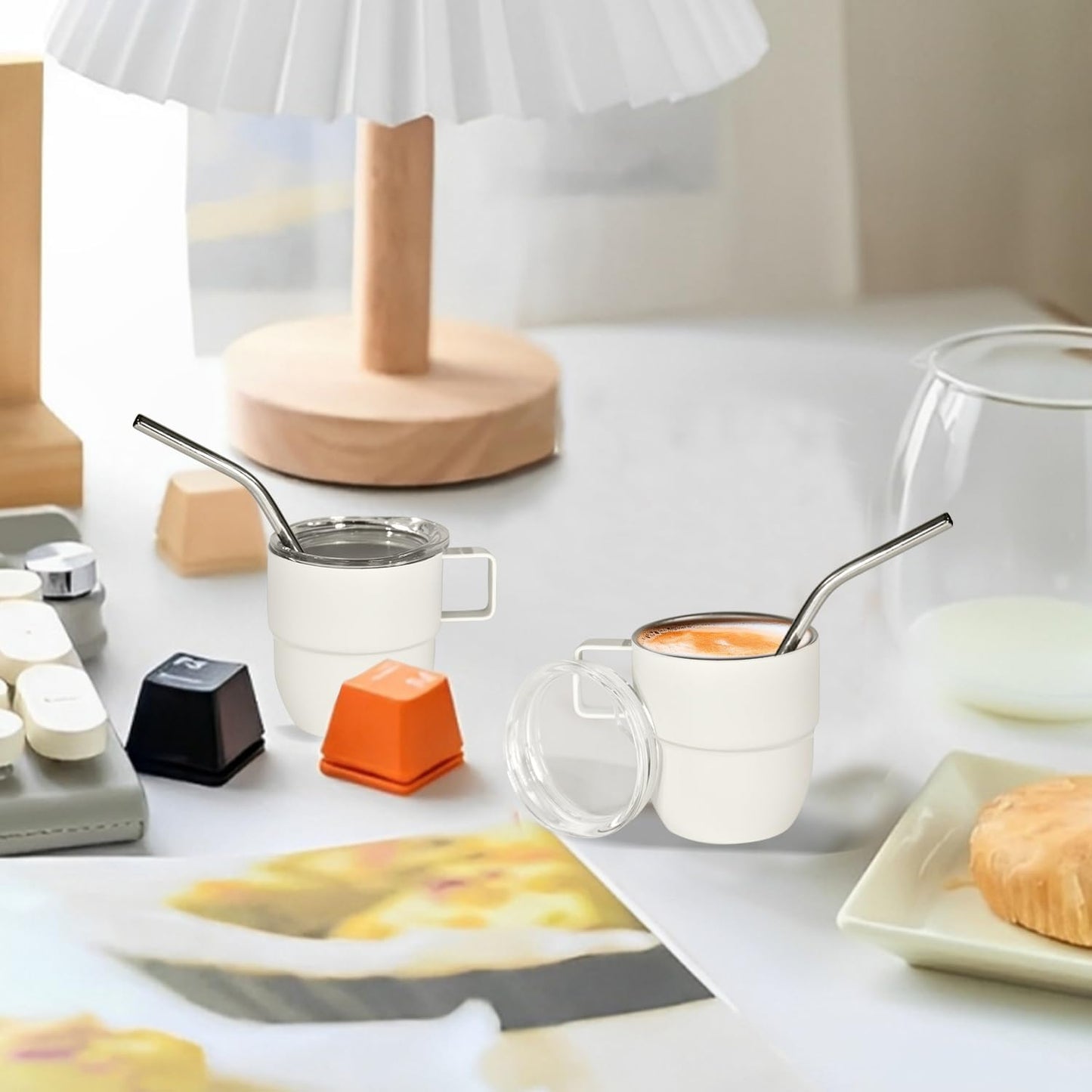 4oz Stackable Cup, Vacuum Insulated Espresso Cup Set of 2, Espresso Mug for Coffee, Double Wall Stainless Steel Mini Tumbler Shot Glasses with Straw and Lid (B-white2P, 4oz)