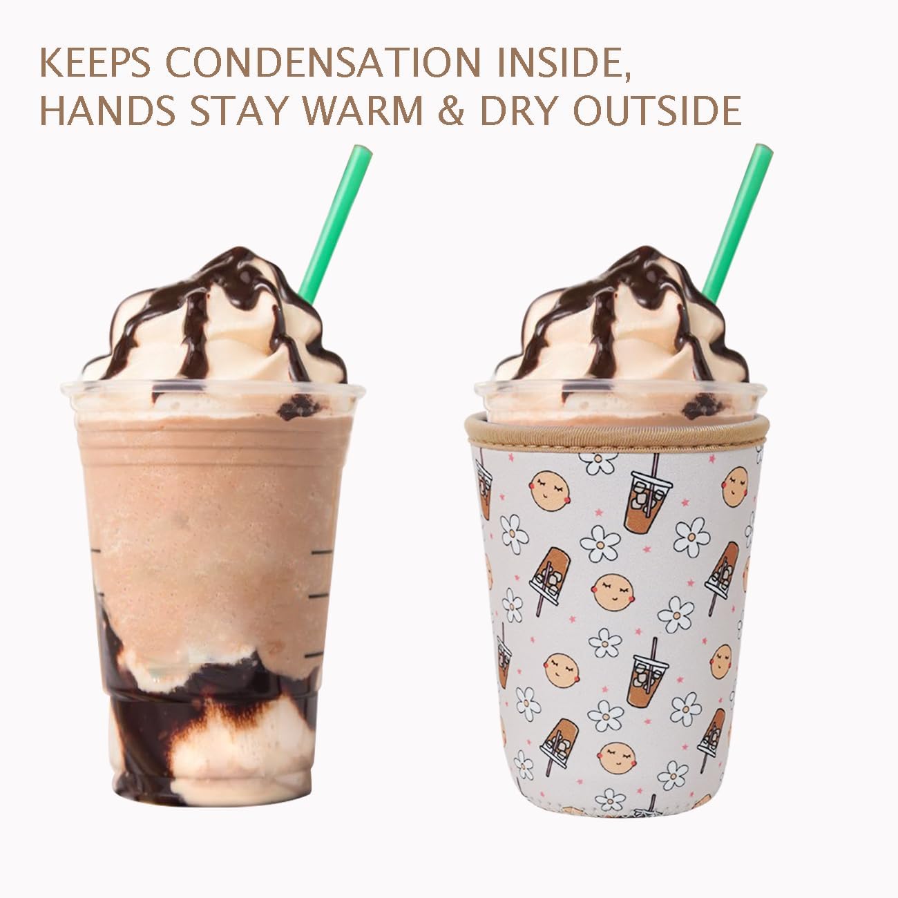 Reusable Insulated Neoprene Iced Coffee Cup Sleeve, Durable Drink Sleeve for Cold Beverages, Beverage Holder for Iced Coffee, Beige Coffee