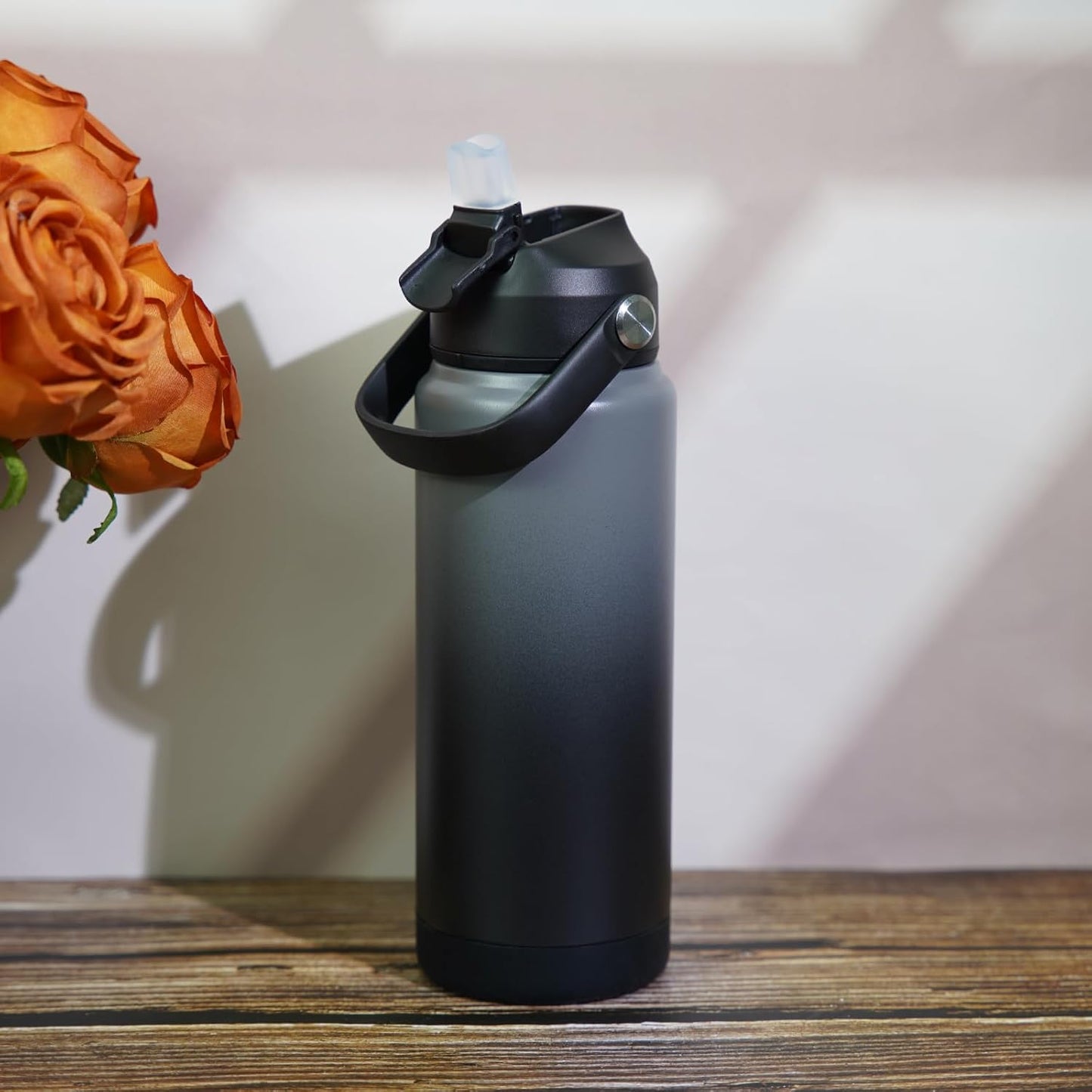 BJPKPK Water Bottle with Straw Lid, 32oz Vacuum Insulated Water Bottles, Metal Stainless Steel Thermos for Sports, Travel, BPA Free Leak Proof Thermos, Cups, Flasks, Tumblers,Black Grey