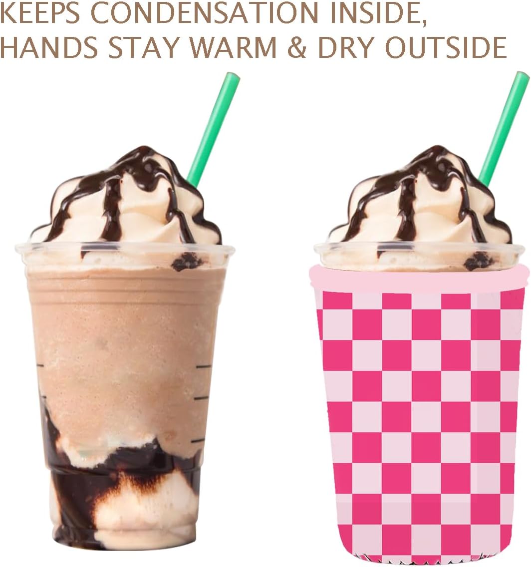 Reusable Insulated Neoprene Iced Coffee Cup Sleeve, Durable Drink Sleeve for Cold Beverages, Beverage Holder for Iced Coffee, Pink Grid