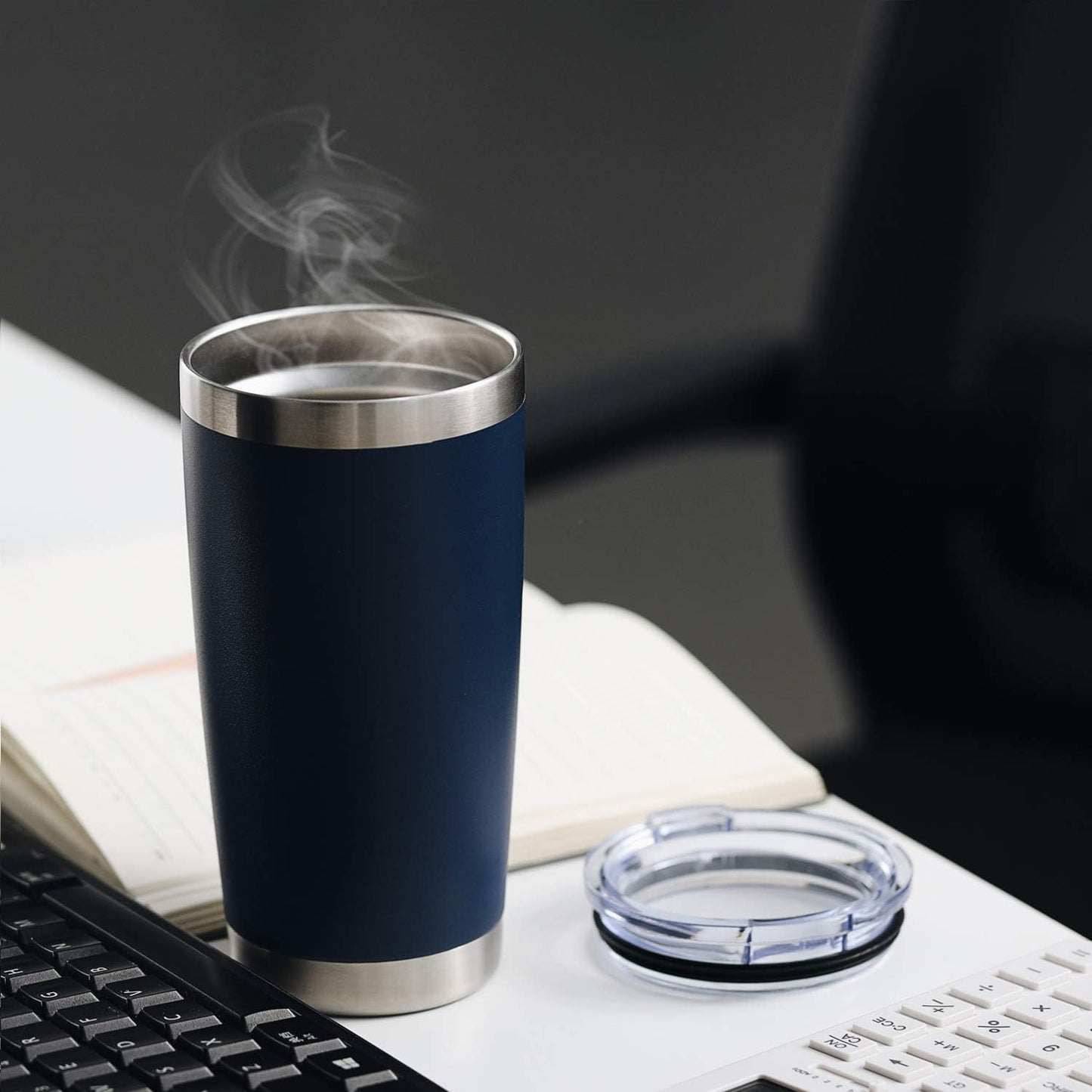 COMOOO 20oz/8Pack Double Wall Vacuum Insulated Coffee Travel Mug Stainless Steel Tumbler Bulk with Lid and Straw Durable Powder Coated Insulated Coffee Cup for Cold & Hot Drinks, Navy, 8 Pack