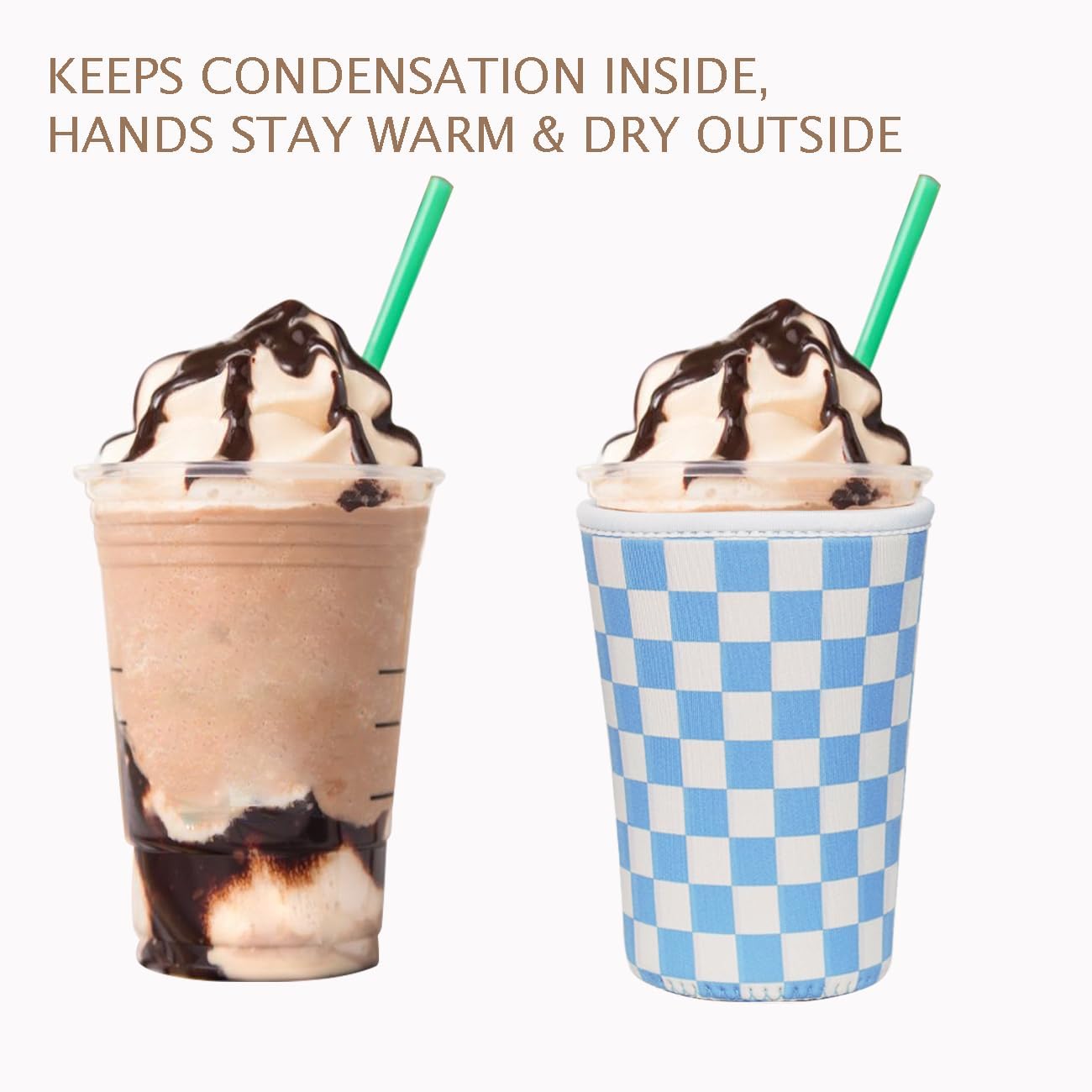 Reusable Insulated Neoprene Iced Coffee Cup Sleeve, Durable Drink Sleeve for Cold Beverages, Beverage Holder for Iced Coffee, Blue Grid