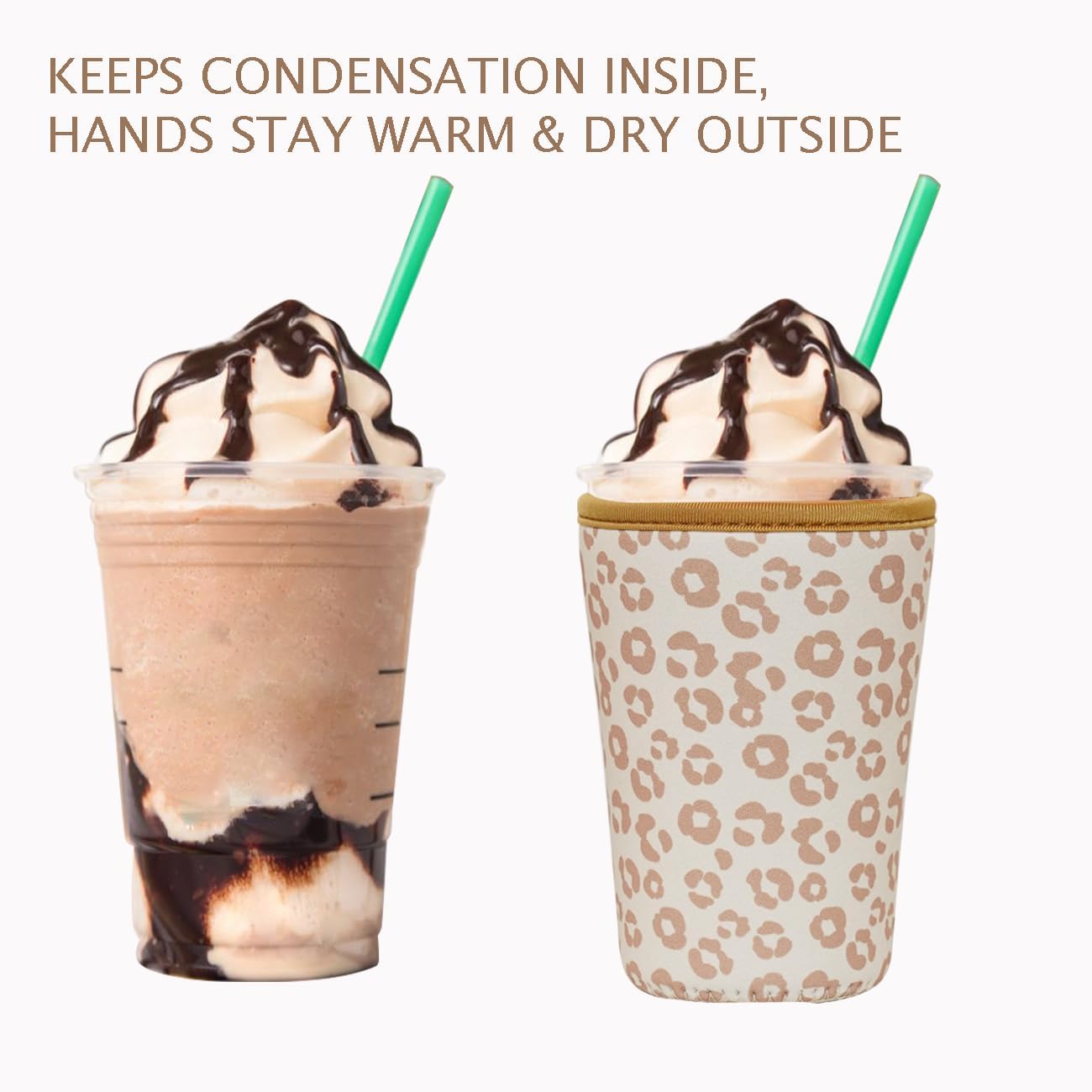 Reusable Insulated Neoprene Iced Coffee Cup Sleeve, Durable Drink Sleeve for Cold Beverages, Beverage Holder for Iced Coffee, Leopard Grace