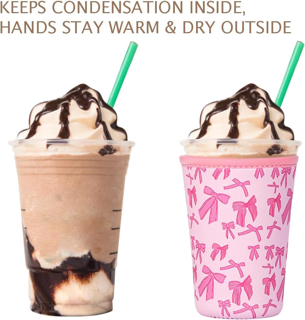 Reusable 3-Pack Iced Coffee Cup Sleeve, Insulated Neoprene, Beverage Holder for Iced Coffee, Durable Drink Sleeve for Cold Beverages, Pink Bows