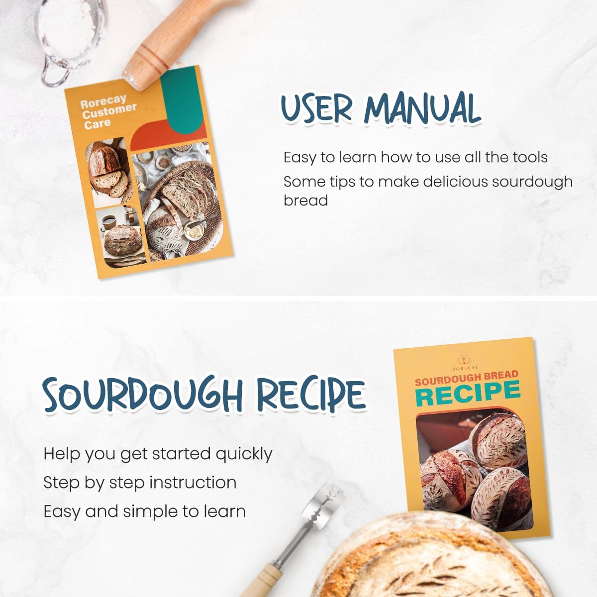 Rorecay Banneton Bread Proofing Baskets Set of 2, 9 Inch Round Cane Sourdough Bread Rising Basket Bowls with Sourdough Bread Making Tools Baking Supplies for Sour Dough Proofing Fermentation