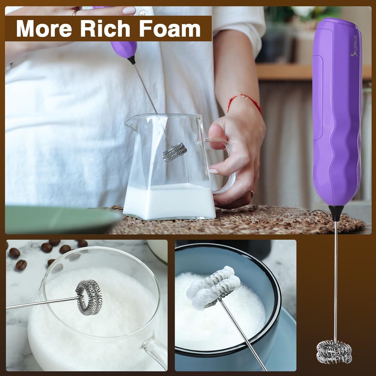 SUPRUS Ultra Fast Handheld Milk Frother Double Whisk with Stand 2 Batteries Stainless Steel for Lattes Cappuccino Matcha Hot Chocolate Coffee Bar Accessories Kitchen Gadgets Gift