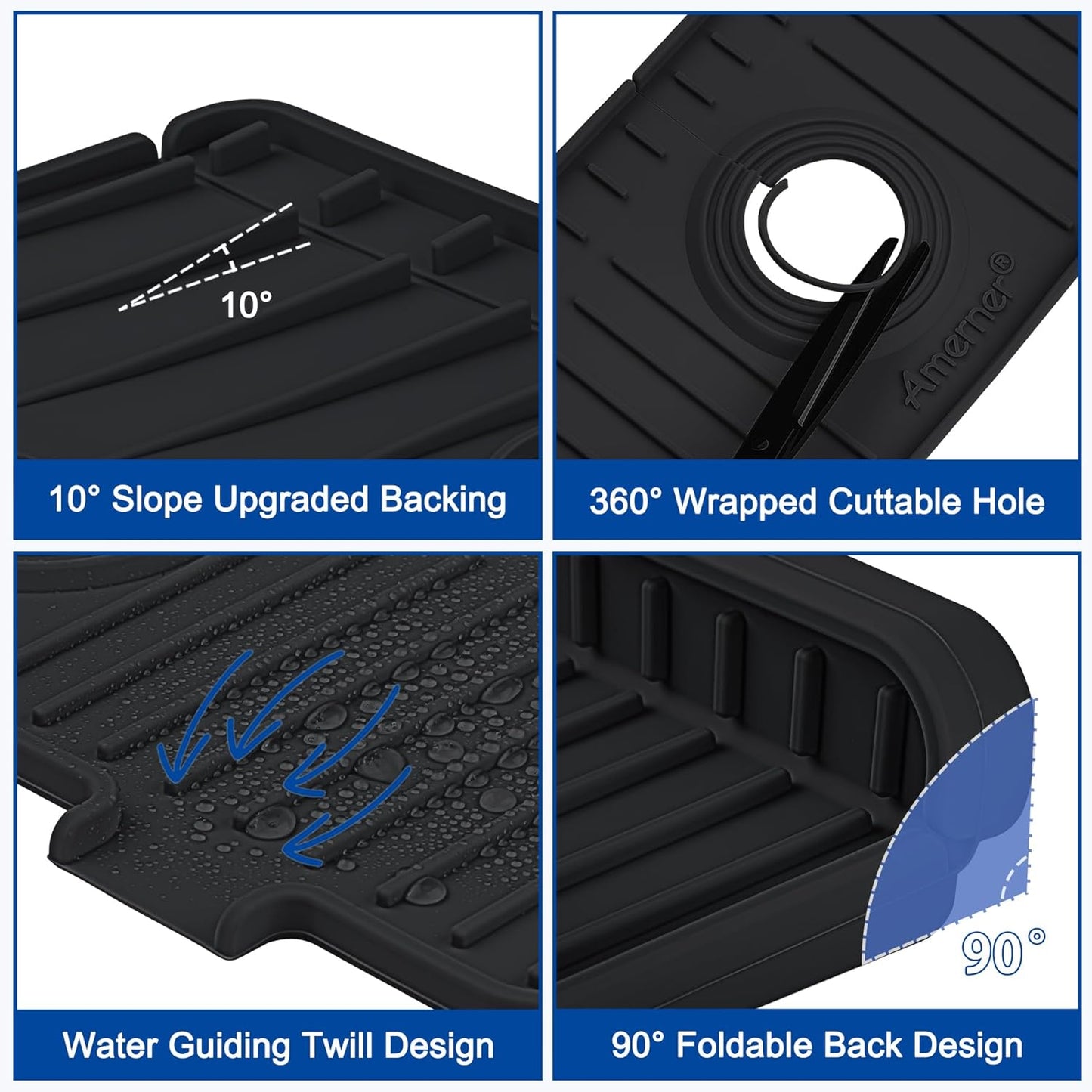 Kitchen Sink Splash Guard, 20 inch Silicone Faucet Guard & Draining Mat, 10° Large Slope Sink Faucet Mat Splash Guard, Bathroom Sink Organizer, Kitchen Sink Accessories Gadgets, 20 x 5.5”, Black