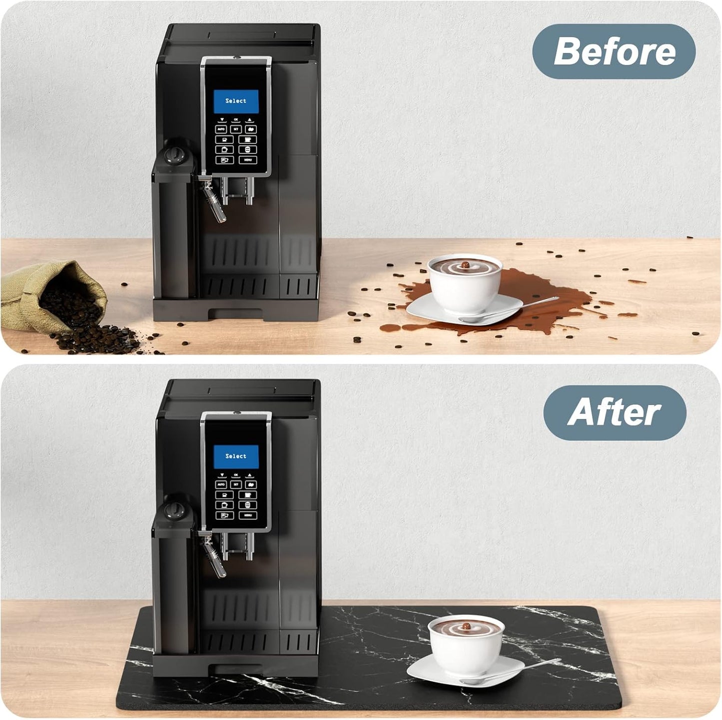 Rnivvi Coffee Mat, 16" x 24" Cute Marble Style Coffee Bar Mats for Espresso Machine Station Accessories and Organizer, Hide Stain Rubber Backed Absorbent Dish Drying Pad for Kitchen Counter, Black