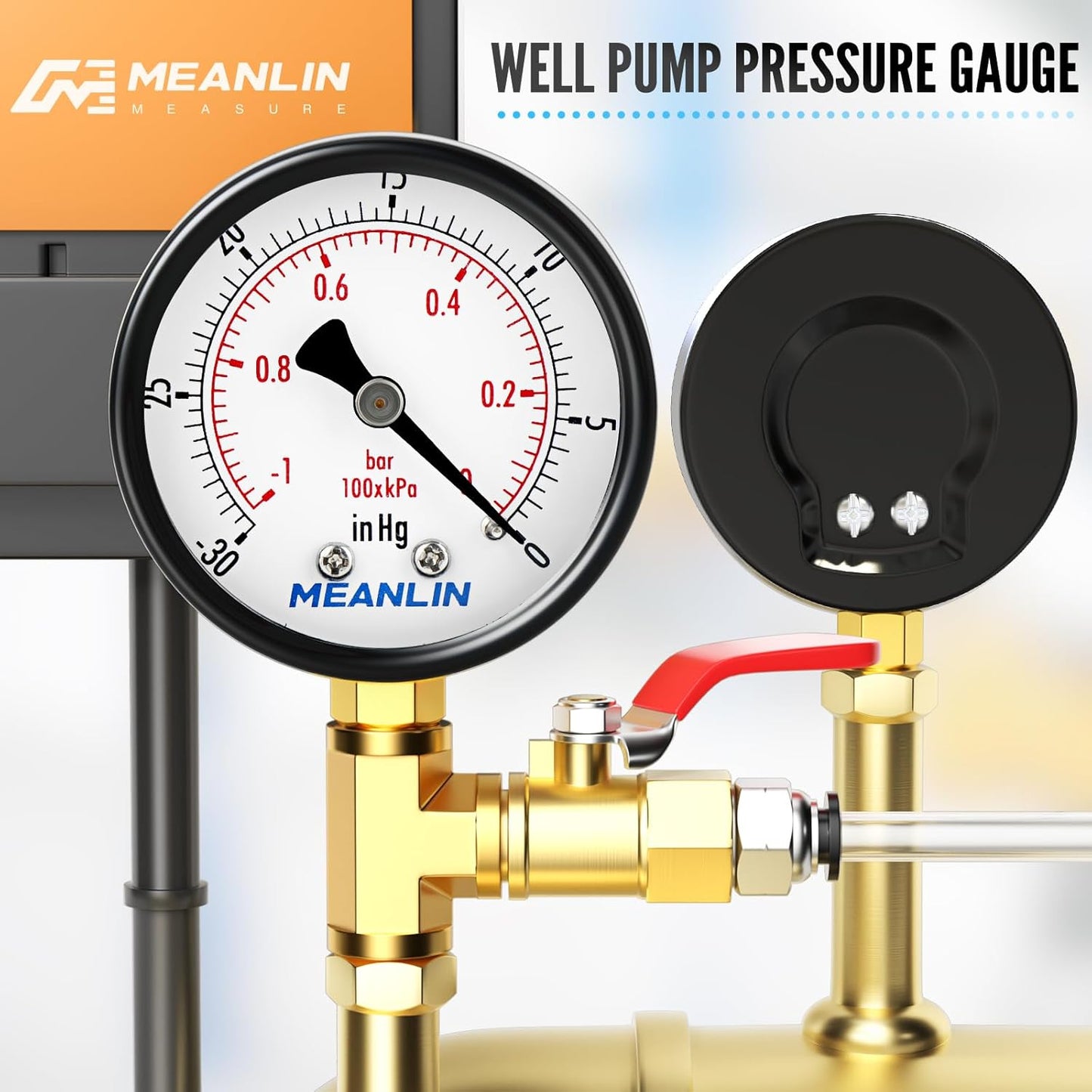 MEANLIN MEASURE -30inHG~0Psi Dry Vacuum Pressure Gauge, 2" DIAL FACE 1/4" NPT WOG Water Oil Air Pressure Test, Lower Mount, with 1/2" NPT and 3/8" NPT Hex Bushing