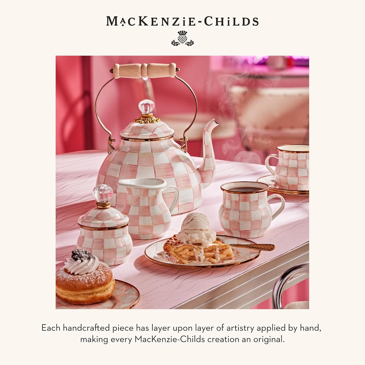 MACKENZIE-CHILDS Enamel Tea Kettle, Stylish Tea Kettle for Stovetop, Pink-and-White Rosy Check, 2 Quarts