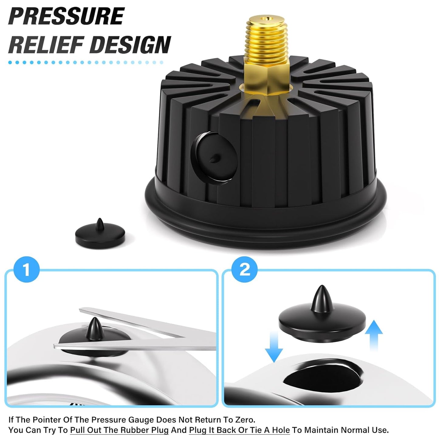 MEANLIN MEASURE 0~160Psi Stainless Steel 1/4" NPT 2.5" FACE DIAL Liquid Filled Pressure Gauge, Center Back Mount (with Rubber Protective Sleeve), with 1/2" NPT and 3/8" NPT Hex Bushing