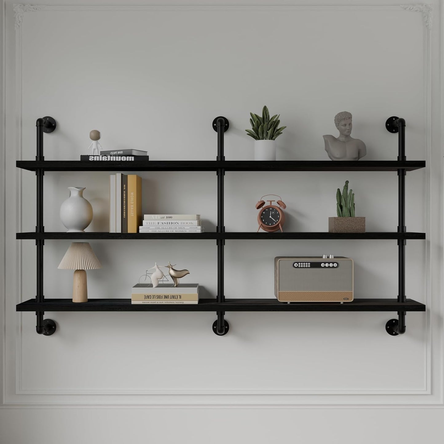Industrial Pipe Shelving Rustic Black Pipe Wall Shelves Industrial Shelves with Wood Planks Floating Shelves 60 Inch Farmhouse Bathroom,Kitchen Shelving Wall Mounted