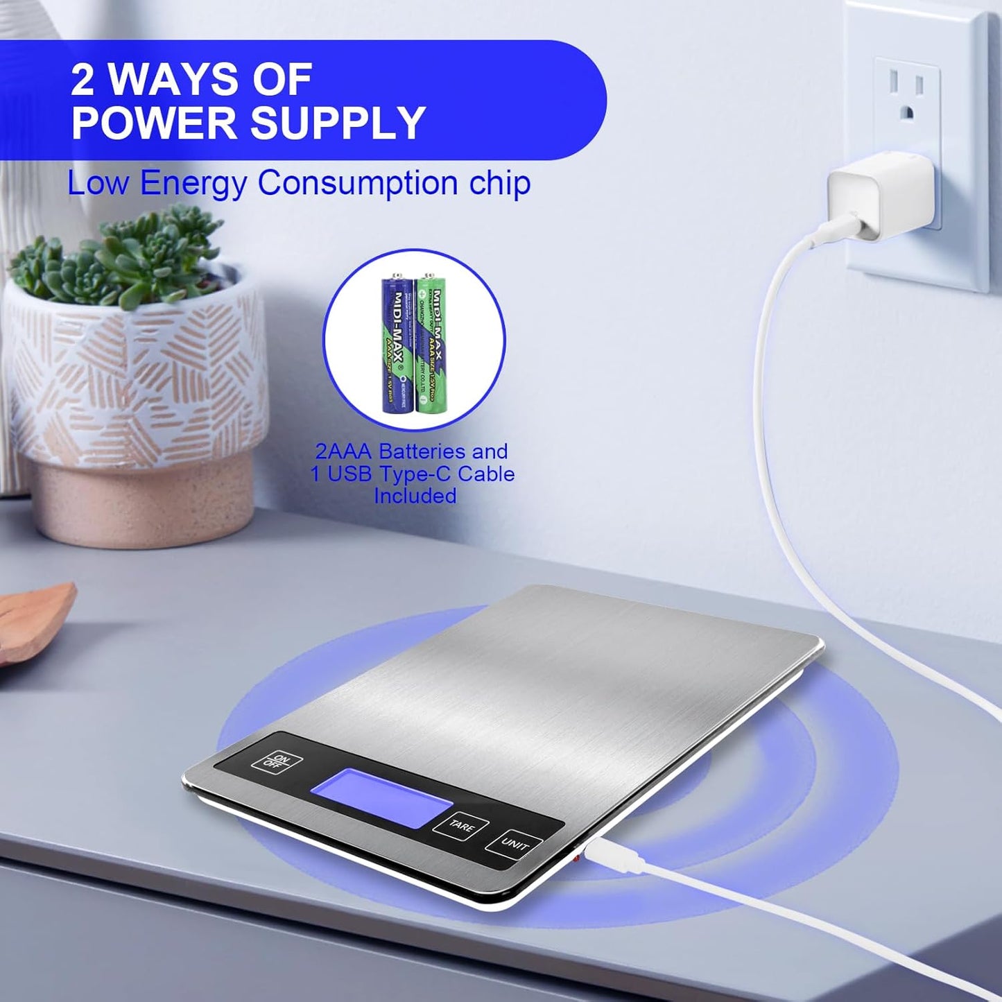 22lb Food Scale, Digital Kitchen Scale Weight Grams and oz for Weight Loss Cooking Baking, 1g/0.1oz Precision, Rechargeable and Waterproof, Stainless Steel and Tempered Glass, Gray Silver