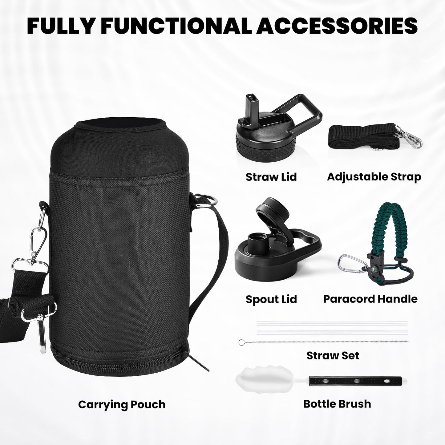 Insulated Water Bottle 64 oz, Triple Wall Vacuum Stainless Steel (Cold for 48 Hrs), Leak Proof & Non-BPA, Half Gallon Water Flask Jug with Paracord Handle & Straw Spout Lids, Dark Green