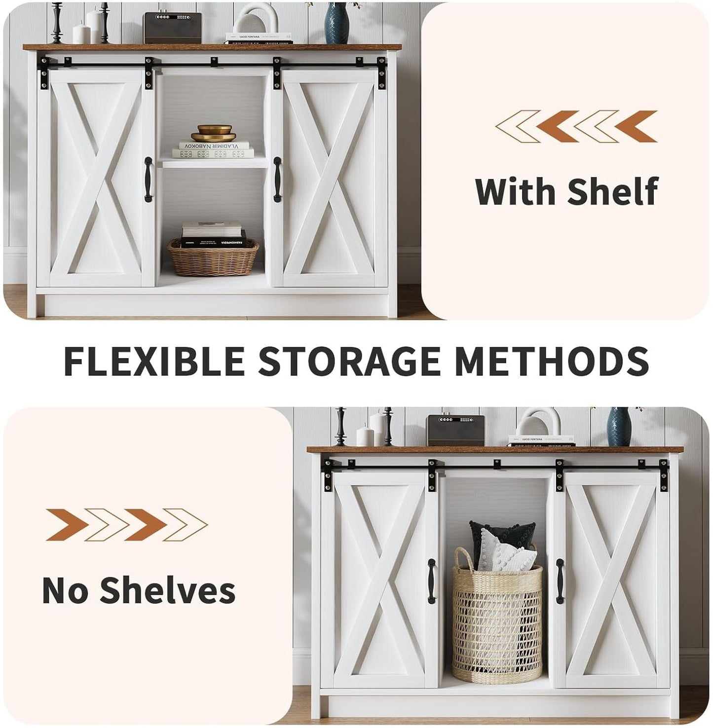 4 EVER WINNER Coffee Bar Cabinet with Sliding Barn Doors, 42”Farmhouse Buffet Cabinet with Storage for Kitchen, Coffee Bar with Adjustable Shelf for Dining Room, White