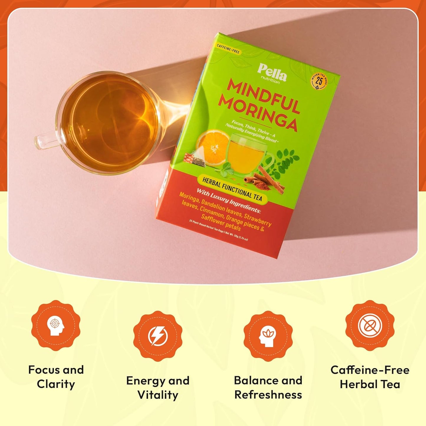 Moringa and Dandelion Tea – With Orange, Cinnamon, Strawberry, and Safflower Petals – Gluten-Free, Vegan, Kosher – Caffeine-Free, Healthy Energy Drink – Herbal Blend for Focus & Wellness (25 Tea Bags)