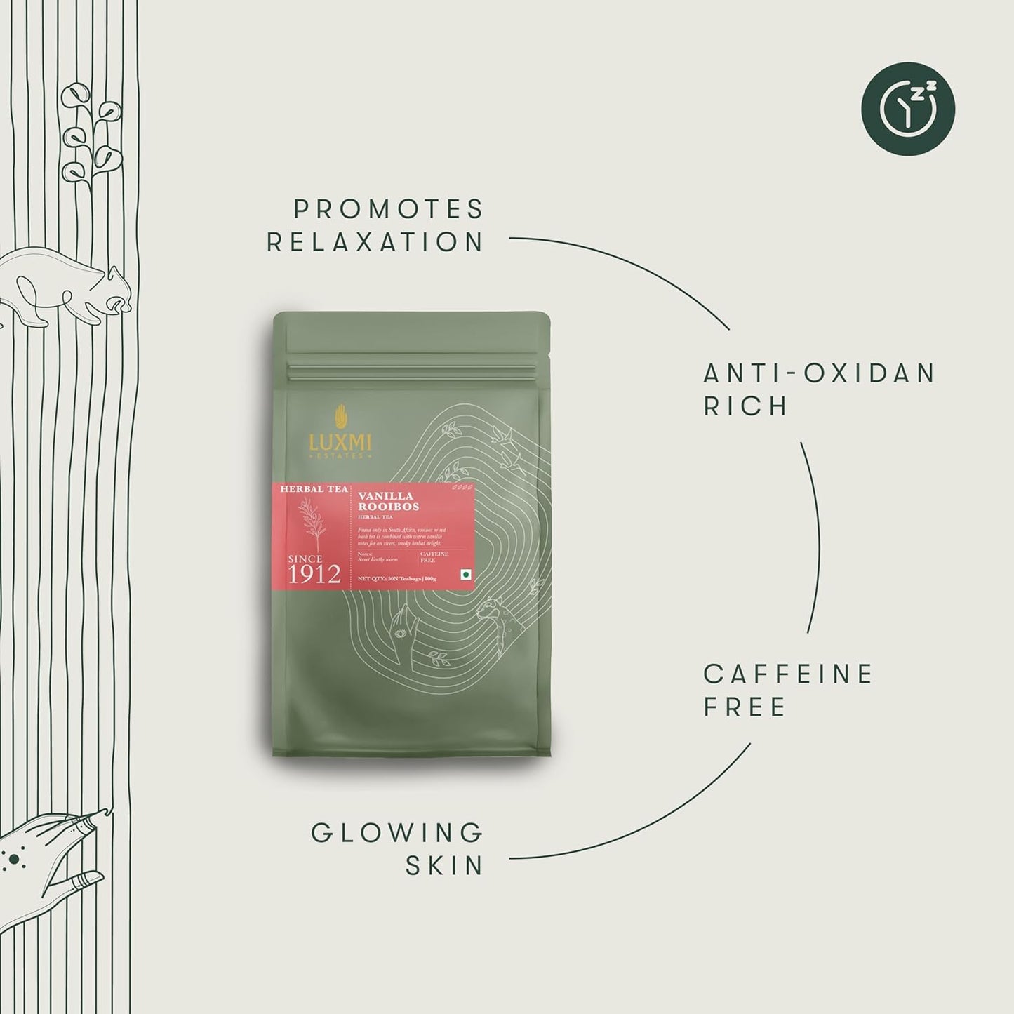 Luxmi Estates Rooibos Vanilla Organic Rooibos Tea (50 Tea Bags) Caffeine Free Tea Bags For Relaxing, Calming, and Stress Relief, With Certified Organic Herbal Tea