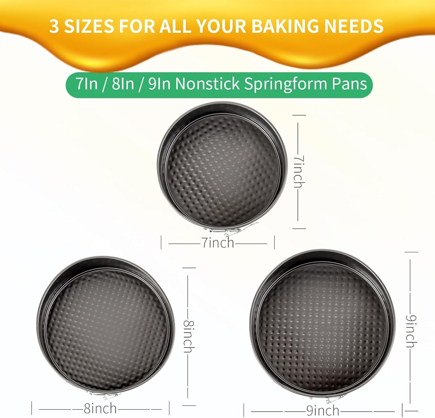 Springform Cake Pan Set – 3 Piece Nonstick 7, 8, 9 Inch Round Cheesecake Pans for Baking, Leakproof Cake Molds for Mousse, Birthday Layer Cakes, Quiche, Pizza & More