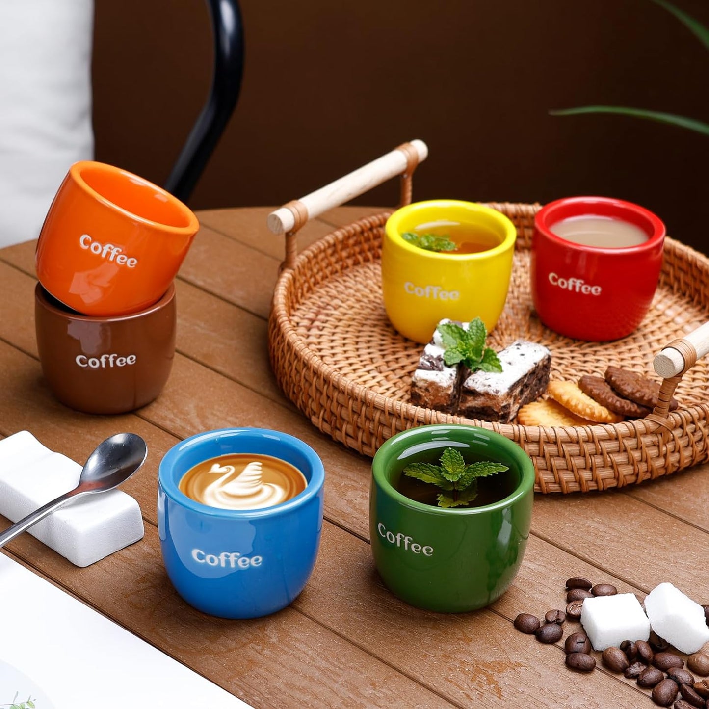 Ceramic Espresso Cup set of 6, One Shot Coffee Cups, Double Walled 3 oz/90 ml Tiny Cofffee Mugs Demitasse for Espresso, Porcelain Coffee Mugs Set of 6 colors