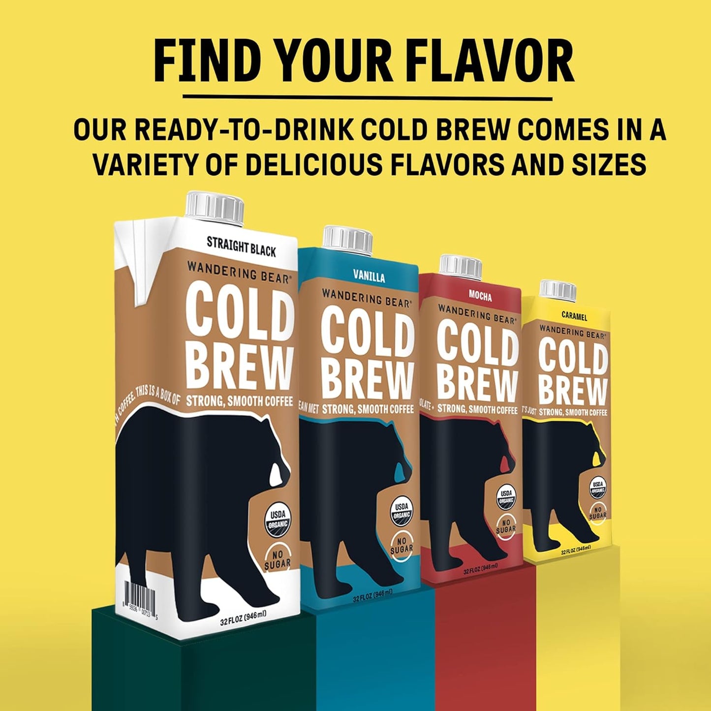 Wandering Bear Organic Caramel Cold Brew Coffee, 32 fl oz, 3 pack - Extra Strong, Smooth, Organic, Unsweetened, Shelf-Stable, and Ready to Drink Iced Coffee, Cold Brewed Coffee