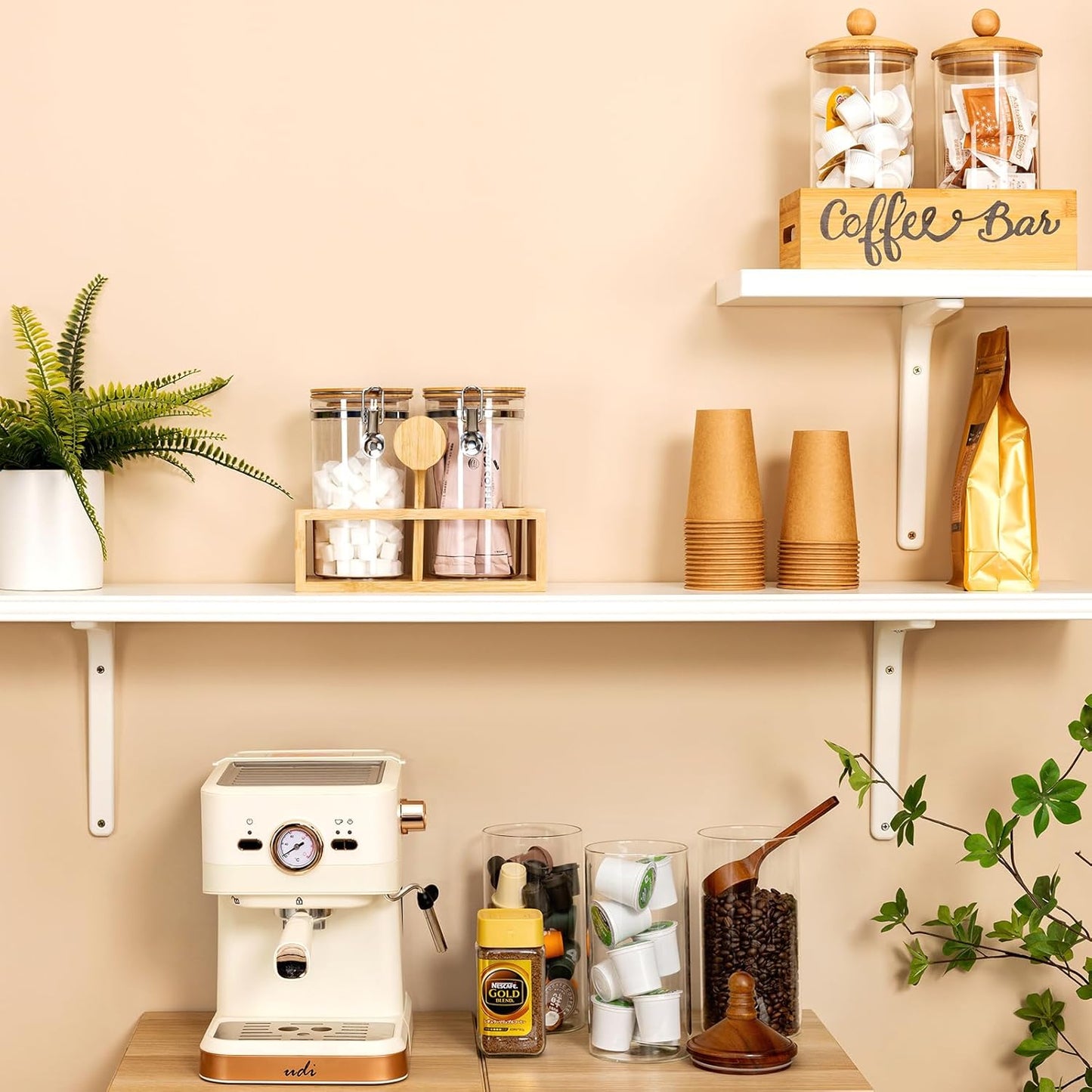 Yangbaga 2Pcs Coffee Sugar Canisters with Shelf, 38OZ Plastics Storage Containers for Ground Coffee Bean Storage with Lid Airtight Locking Clamp and Coffee Scoop, Food Storage Jar for Kitchen