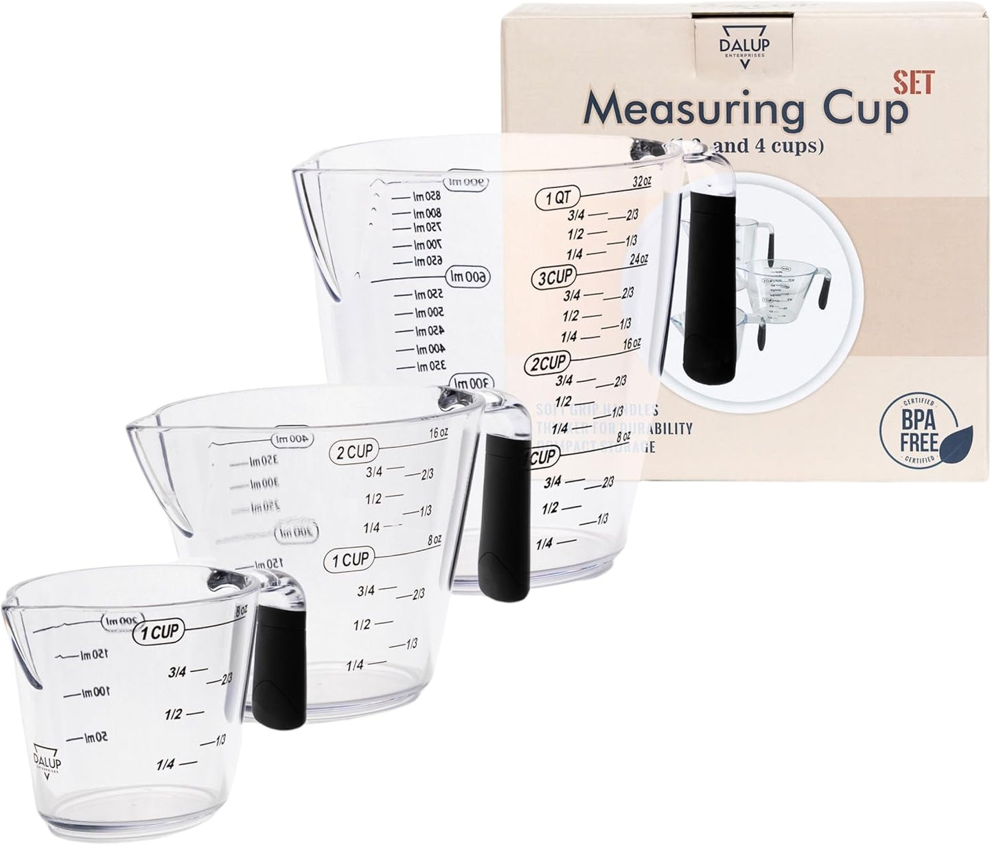 Measuring Cup Set - Clear Plastic Measuring Cups for Liquids Batter Flour Powder - Measuring Cups with Handle & Spout (8/16/32) oz