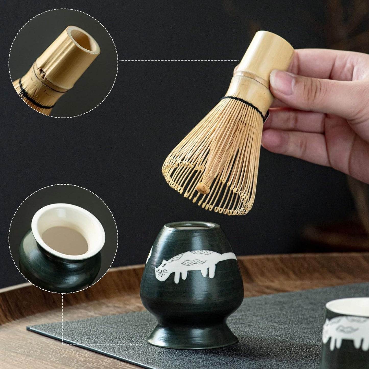 Unique Cat Matcha Tea Set, Matcha Bowl with Spout, 2 Cups, Bamboo Whisk, Chasen Holder & Scoop, 6 Pcs Matcha Set for Tea Ceremony & Unique Gift for Matcha Lover
