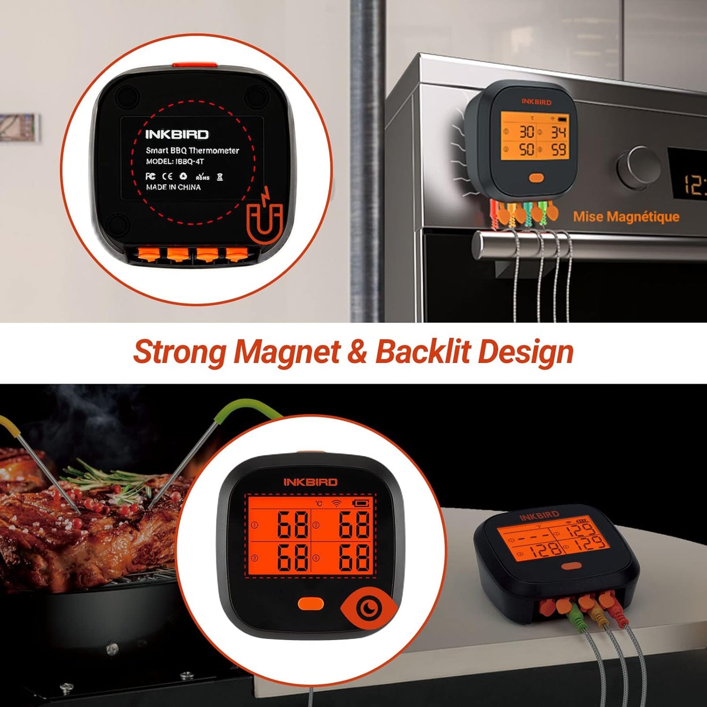 Inkbird WiFi Meat Thermometer for Grilling, Unlimited Rang Rechargeable BBQ Thermometer APP Calibration, Temp Graph Mobile Notification, 4 Colorful Probes Food Thermometer for Pellet Smoker Oven