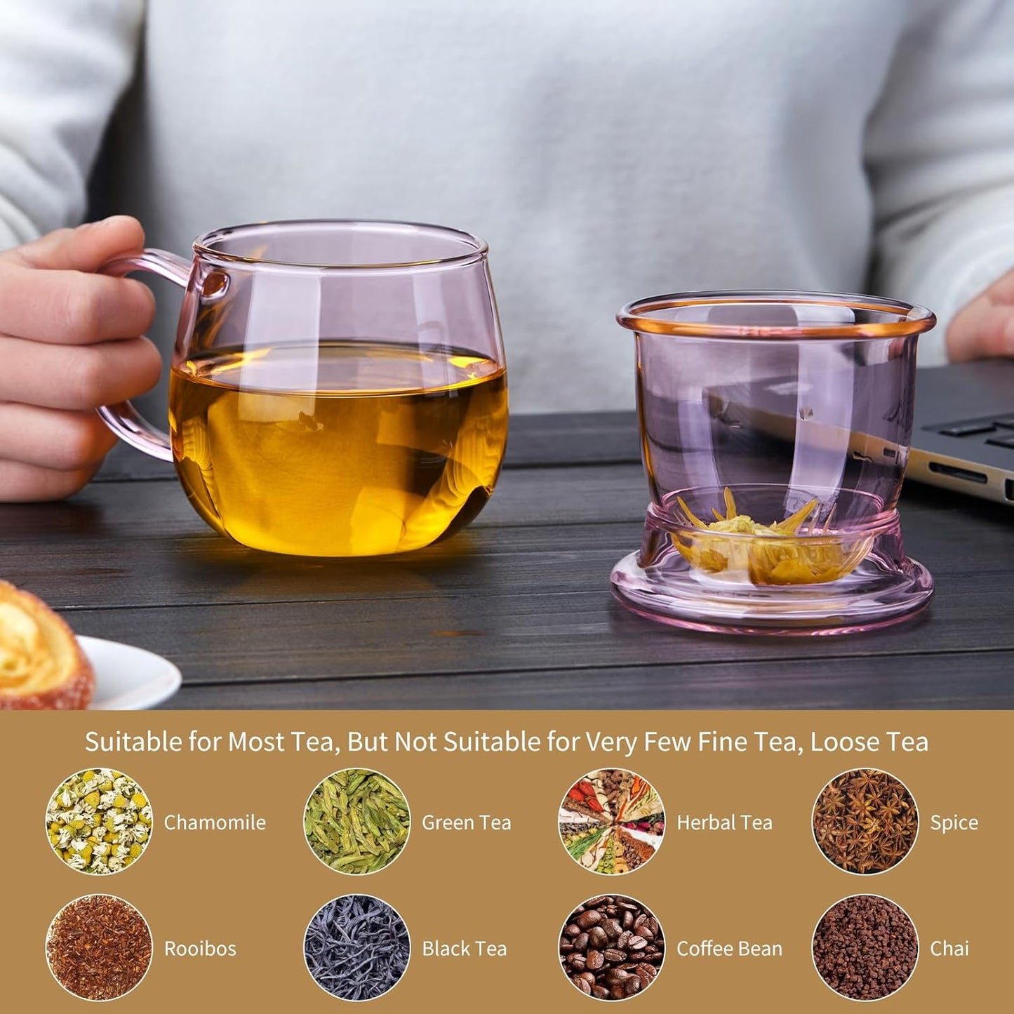 11oz Pink Glass Tea Cup with Infuser and Lid– Versatile and Elegant Gift for Women, Perfect for Loose Leaf Tea and Other Beverages