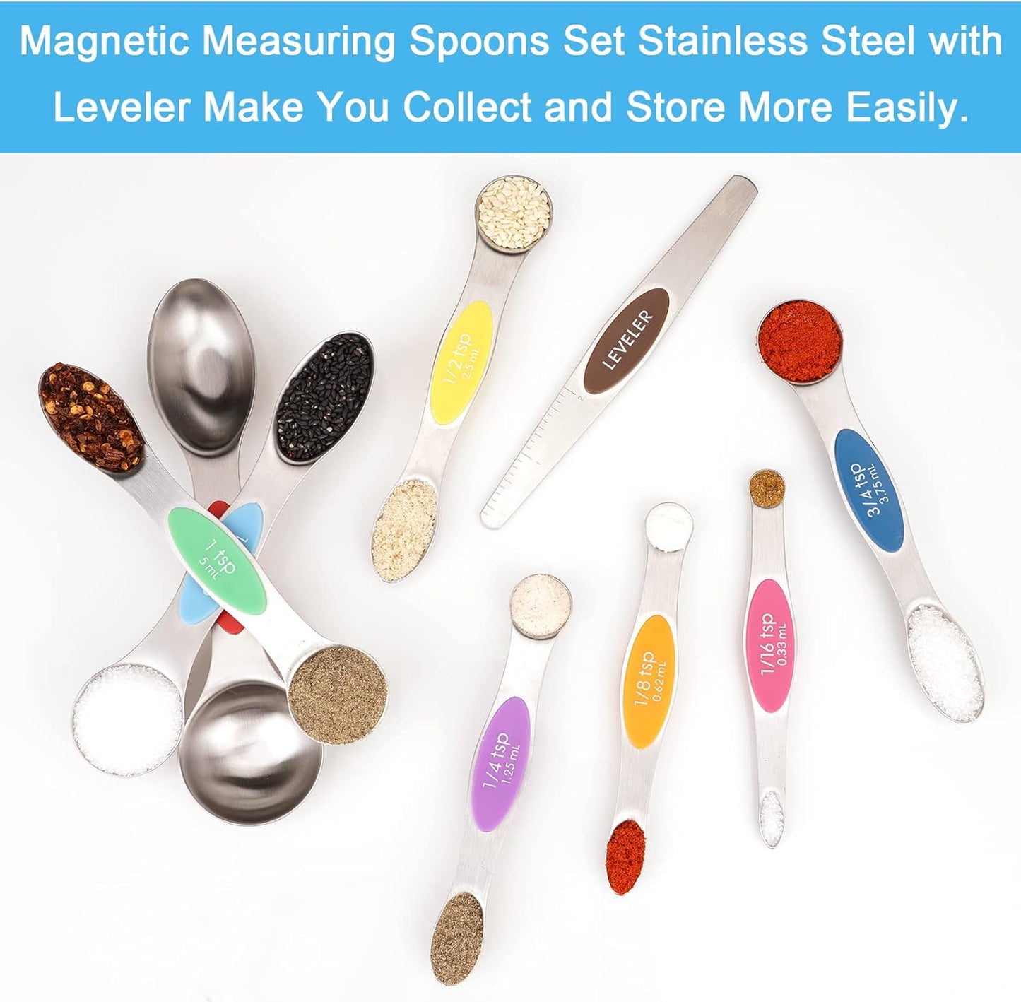 Aovchei 9 PCS Magnetic Measuring Spoons Set, Dual Sided, Stainless Steel Small Tablespoon, Teaspoons, Fits in Spice Jars, for Dry and Liquid, MultiColor