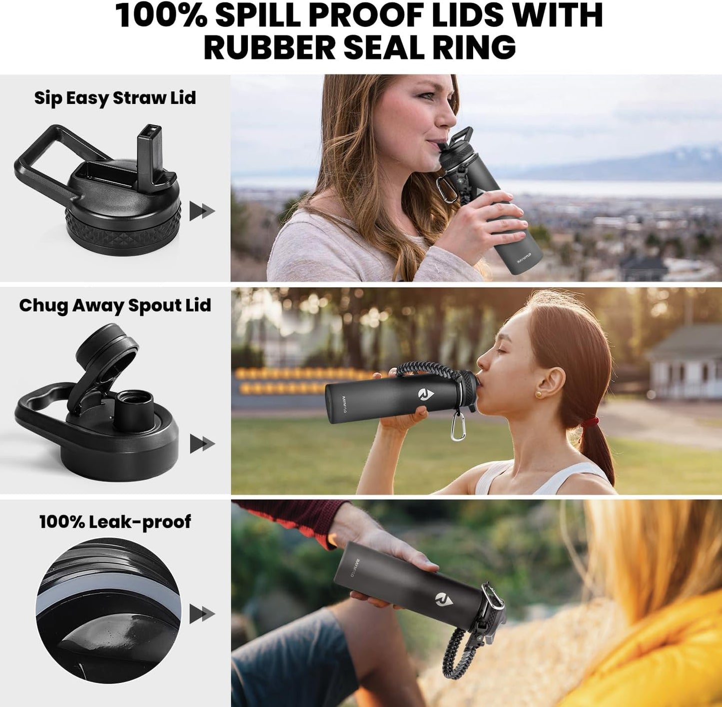 Insulated Water Bottle 24oz, Triple Wall Vacuum Stainless Steel (Cold for 48 Hrs, Hot for 24Hrs), Leak Proof & Non-BPA, 24oz Hydro Water Flask with Paracord Handle & Straw Spout Lids