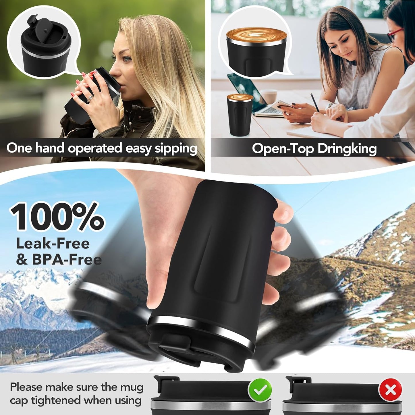 Volhoply 12 oz Double Wall Insulated Vacuum Travel Coffee Mug with Flip Lid,Reusable Stainless Steel Leak Proof Coffee Cup,Portable Iced Cafe Thermal Tumbler Suitable for Hot&Cold Drinks(Black,1 Set)