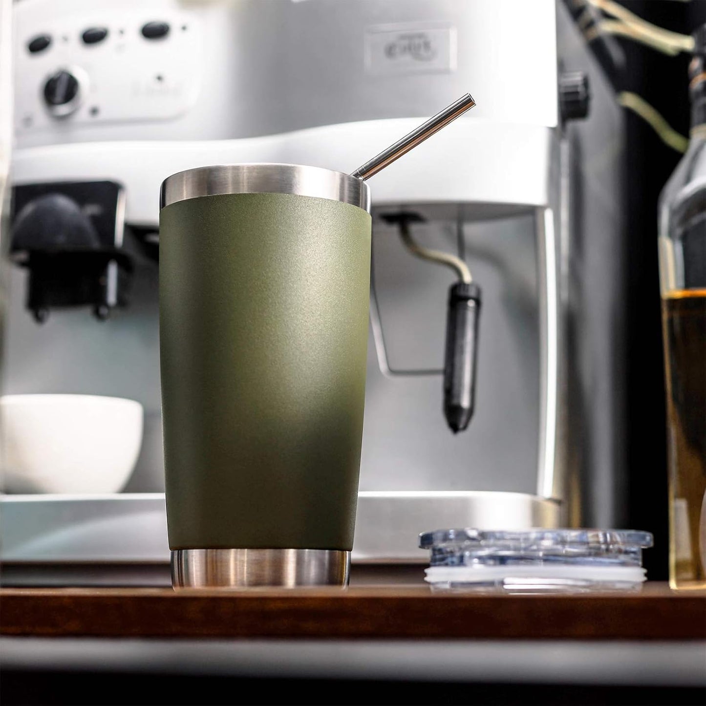 COMOOO 20oz Tumbler Bulk Double Wall Vacuum Insulated Travel Mug, Stainless Steel Tumbler with Lid and Straw Durable Powder Coated Insulated Coffee Cup for Cold & Hot Drinks (Army Green, 4 Pack