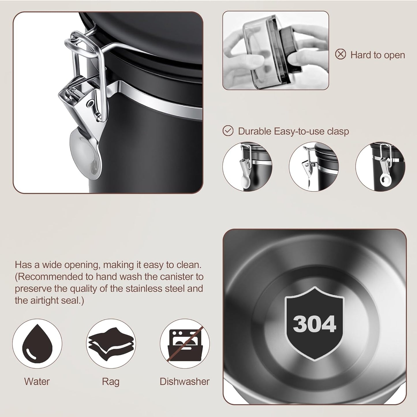 ShanSon Coffee Canister Airtight Coffee Container Stainless Steel Coffee Bean Storage Container with Scoop Coffee Canister for Beans Grounds Sugar Flour Tea Cereal,11OZ, Black