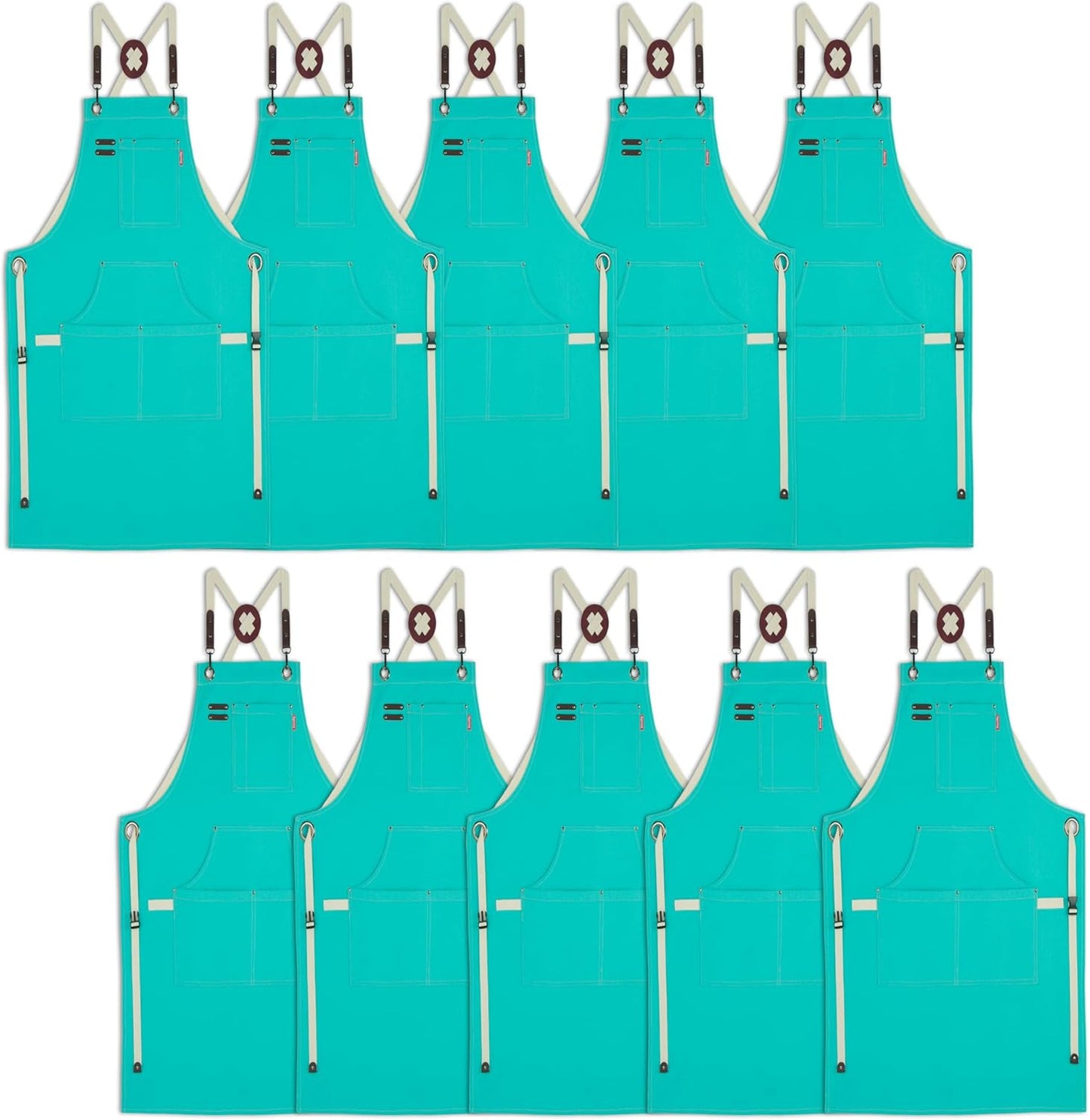 10 Pack Kitchen Aprons, Work Apron, Canvas, Multiple Pockets, Gardening, Painting, BBQ, Artist, Carpenter, Sizes M to XXL, Ice Blue